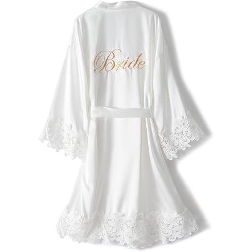 Women's Lace Trim Bride Kimono Robes with Embroidery Bridal Satin Bathrobe