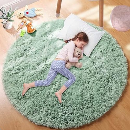 Sage Green Round Rugs for Boys Bedroom,Shaggy Circle Rug 5Ft for Kids Room,Fluffy Carpet for Classroom Shag Circular Rug for Nursery,Fuzzy Plush Rugs for Teen Dorm,Cute Baby Room Decor