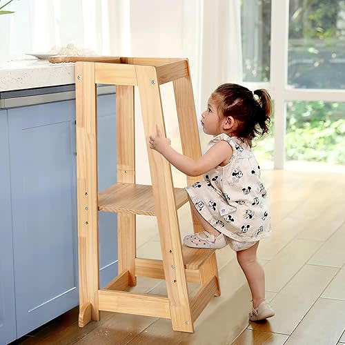 KIDINIX Solid Wooden Toddler Standing Tower, 3 Height Adjustable Kids Step Stool, Kitchen Stool Helper, Anti-Slip and Safety Structure, Suit in Kitchen/Bathroom, Natural Pine