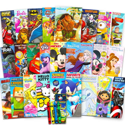 24 Bulk Coloring Books for Kids Ages 4-8 - Assorted 24 Licensed Coloring Activity Books for Boys, Girls | Bundle Includes Full-Size Books, Crayons, Stickers, Games, Puzzles, More (No Duplicates)