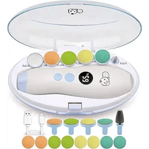 Royal Angels Rechargeable 22 in 1 Baby Nail Trimmer with LCD Display, Labeled Case, 13 Extra Pads, 4 Speed Settings, Safe Quiet LED Light Electric Baby Nail File Kit for Newborns Toddlers (WhiteBlue)