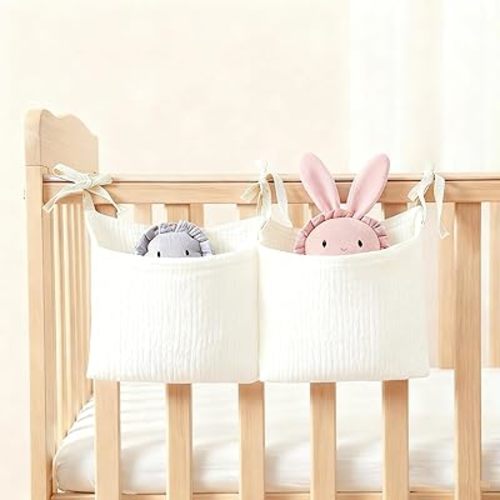 Baby Bedside Hanging Storage Bag Muslin Cotton, Crib Diaper Caddy Organizer 2 Pockets, Nappy-Dormitory Nursery Organization Holder for Cribs, Playard, Changing Table or Wall Milk Bottle Bib Organizing