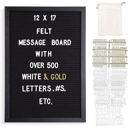 Real Wood Framed Felt Letter Board, Changeable Message Board, 12" x 17", Folding Stand and Wall Mount, 500+ Pieces of White & Gold Letters, Numbers &Words, by Better Office Products (Black/Black)