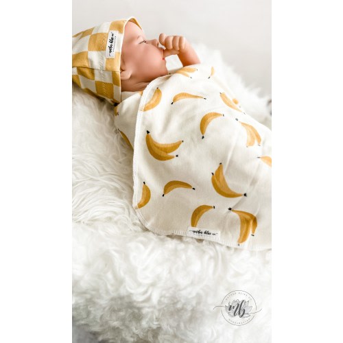 Bananas For You -  Cotton + Spandex Swaddle Set with Coordinating Gingham Hat | Baby Swaddle Set | Newborn Gift | Lightweight Baby Blanket
