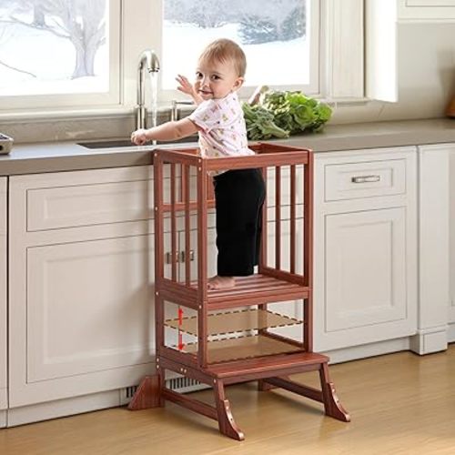 COSYLAND Toddler Step Stool Height Adjustable – Portable Kids Kitchen Stool Helper with Stabilizing Base Block – Toddler Standing Tower for Bathroom Kitchen Living Room Dining Room (Brown)