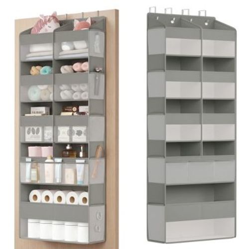 SONGMICS Over-the-Door Organizer, 9-Compartment Door Hanging Storage Shelf, Foldable Closet Hanging Organizer, Heavy-Duty, Transparent, Dove Gray