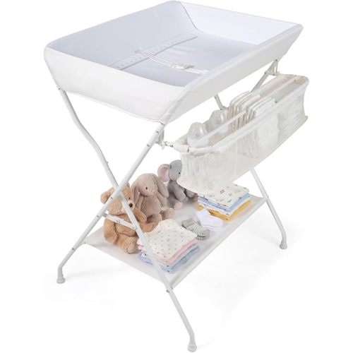 Costzon Changing Table, Portable Baby Changing Table Foldable Diaper Changing Station with Safety Belt, Large Storage Rack & Shelf, Nursery Organizer for Newborn Infant (Beige)