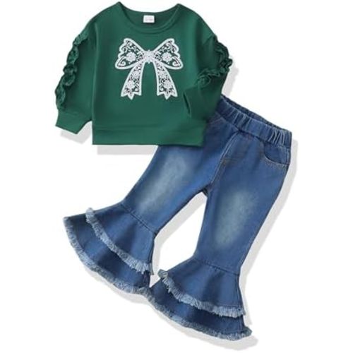 Renotemy Toddler Baby Girl Clothes Fall Winter Outfit, Bow Sweatshirt Denim Bell Bottom Jeans Outfits for 1-5 Year Girls