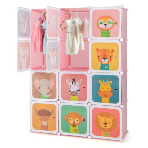 Spaco 12 Cube Kids Wardrobe Closet with Hanging Section and Doors-Pink, Toy Organizer for Kids, Boys, Girls, Nursery