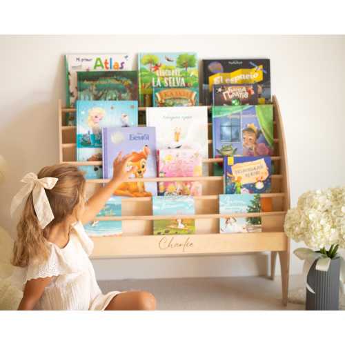 Bookcase Montessori For Kids, Big Wooden Bookshelf for Children, Toddler Book Storage, Wood Montessori Furniture, Custom Name Book Rack Baby