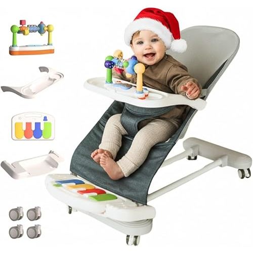 CuddoBaby Baby Bouncer 4-in-1 on Wheels |Detachable Pianos, Feeding Tray| 3-Level Recline Foldable Seat with Play Bar for Infant to Toddler 0-6, 0-12, 12-24 Months, Boy Gift Idea - Blue