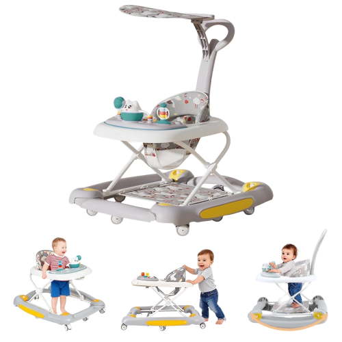 OUYI Foldable Baby Walker & Activity Center – 4-in-1 Design, 3-Gear Height, Toys Tray for Baby Boys & Girls 6-36 Months (Grey)