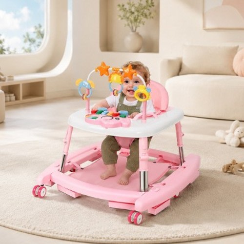 Kmaier 5-in-1 Foldable Baby Walker with Wheels, Music and Lights, 5 Adjustable Heights,Pink