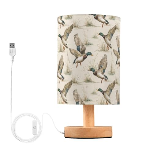Cartoon Mallard Ducks Bedside Table Lamp Small Desk Lamps | Fabric Shade Decorative Nightstand Lamp LED with USB Port Wood Base for Bedroom Living Room