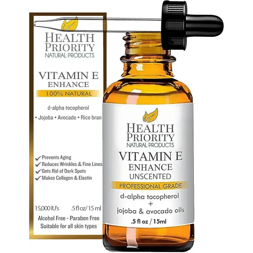 Health Priority Naturals Organic Vitamin E Oil for Skin - 0.5 Fl oz Vitamin E Serum with Jojoba and Avocado Oil - 15000 IU Unscented, Handcrafted for Face and Hair, Non-GMO and No Gluten