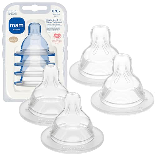 MAM Baby Bottle Nipple Mixed Flow Pack, Extra Slow Size 0 and Slow Flow Size 1 for Newborns 0+ Months, Skin Soft BPA Free Silicone, 94% Nipple Acceptance, Fits All MAM Bottles, 4 Pack, Made in Europe