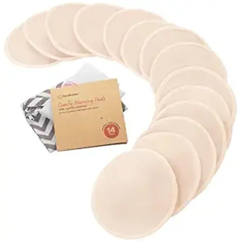 Organic Nursing Pads - 14 Washable Breast Pads for Breastfeeding, Wash Bag, Viscose Derived from Bamboo Reusable Nipple Covers for Breastfeeding Essentials, Soft & Absorbent (Bare Beige, L 5")