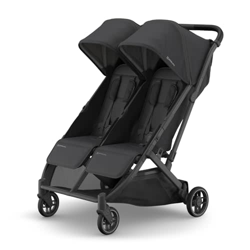UPPAbaby Minu Duo Side-by-Side Double Stroller - Lightweight + Compact Design for Travel - Easy Fold- from Birth to Toddler - Independent Recline - Jake (Charcoal/Carbon Frame/Black Leather)