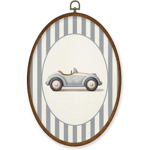 WULQYING Car Boy Nursery Wall Art Decor, Kids Oval Framed Canvas Art Prints, Neutral Blue Striped Car Vehicle Wall Hanging Decor for Kids Boy Nursery Room Bedroom Playroom, 8.5x11.4 Inches