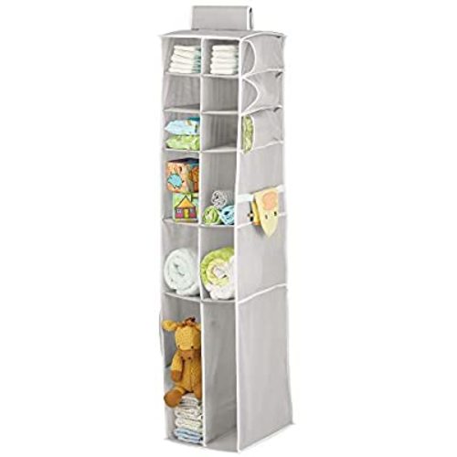 mDesign Long Soft Fabric Over Closet Rod Hanging Storage Organizer with 12 Divided Shelves, Side Pockets for Child/Kids Room or Nursery, Store Diapers, Wipes, Lotions, Toys - Light Gray/White