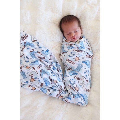 Rodeo Dreams Personalized Swaddle Blanket | Blue