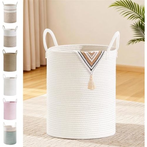 53L Tall Cotton Rope Laundry Basket with Handles, White