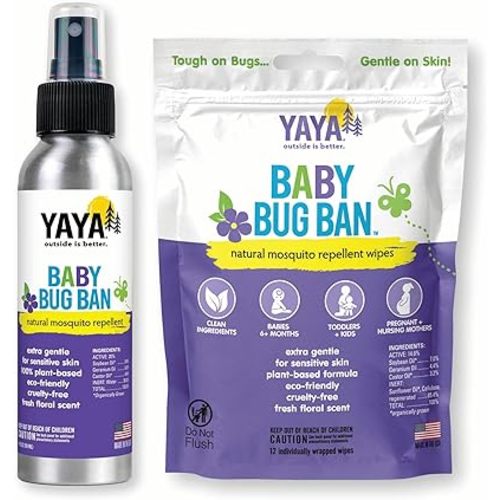YAYA ORGANICS Baby Bug Ban Spray + Wipe Bundle - All-Natural Repellent Made with Essential Oils for Babies, Little Kids and Sensitive Skin (4 Ounce Spray + 12-Pack Wipe)