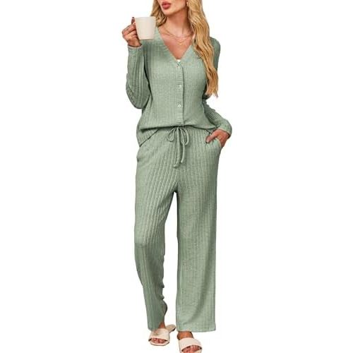 Kikibell Womens Pajamas Sets Button Down Lounge Set 2 Piece Sleepwear Loungewear Long Sleeve Pjs with Pocket Fall Outfits