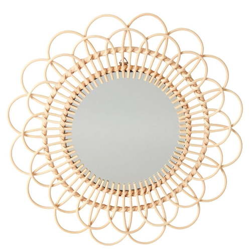 The Lakeside Collection 15-3/4" Natural Rattan Round Mirror, Flower, Playful Home Decor Style