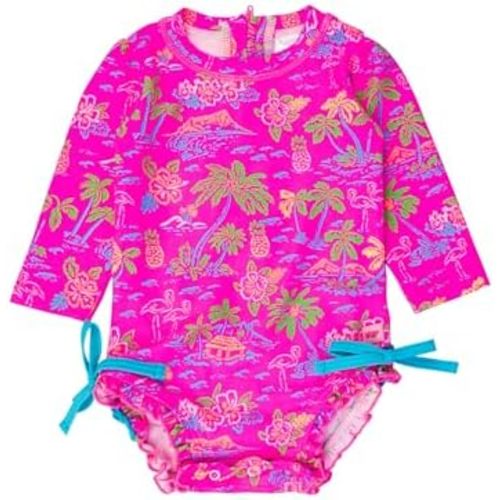 RuffleButts Baby Girls UPF 50+ Sun Protection Floral Printed Long Sleeve One Piece Rash Guard Swimsuit with Zipper