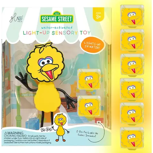 Glo Pals x Sesame Street Water-Activated Bath Toy with 6 Reusable Light-Up Cubes for Sensory Play (Big Bird, Cubes with Character)