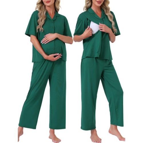 INSPIRE CHIC Maternity Nursing Short Sleeves Breastfeeding Loungewear Button Down Postpartum Pajama Sets Large Deep Green