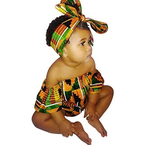 African Baby Girls Clothes 2pc Dashiki Bodysuit Outfit Set Ethnic 𝐁ohemian 𝗦tyle Off-Shoulder Romper + Headband