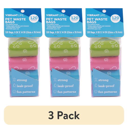 (3 pack) Vibrant Life Fashion Waste Pick up Bags for Dogs, Blue, 120 Ct.