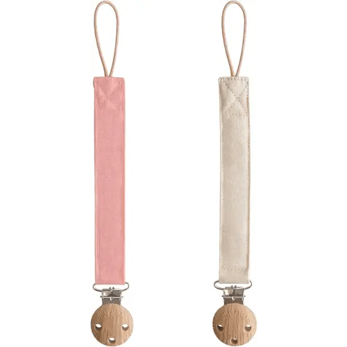 mushie Linen Baby Pacifier Clip Holder | Soft Fabric Strap, 2-Pack (Dusty Rose/Shifting Sand)