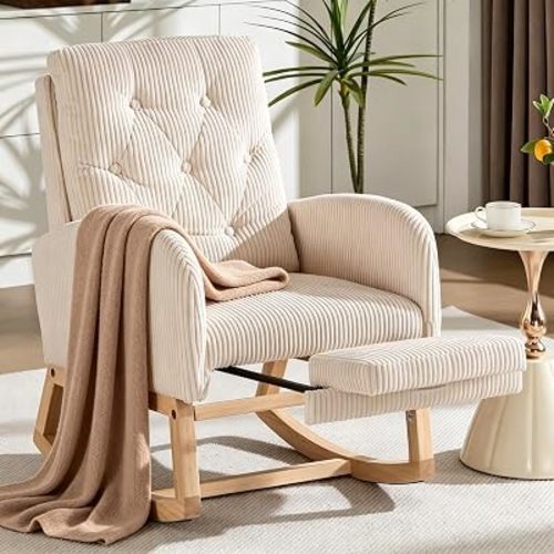Rocking Chair Nursery with Footrest, Glider Chair, Ivory Corduroy