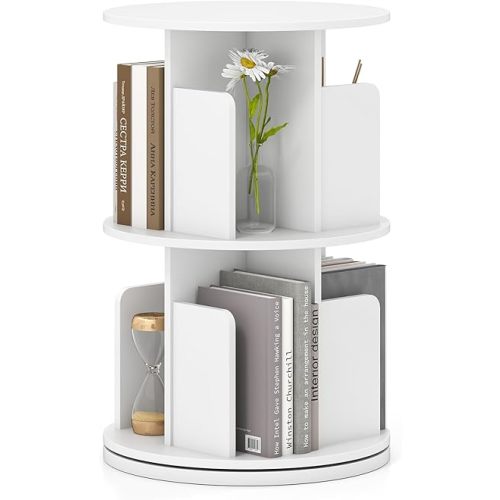 Giantex 2-Tier Rotating Bookshelf, 360° Display Rack w/Dividers & Anti-Falling Baffles, Multifunctional Narrow Floor Standing Bookcase, Book Storage Organizer for Living Room Bedroom, White
