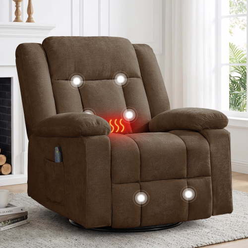 Korser 360°Swivel Rocker Recliner with Massage and Heating,Rocker Recliner Chair for Adults with Side Pockets Nursery Glider Recliner for Living Room,Chenille,Brown