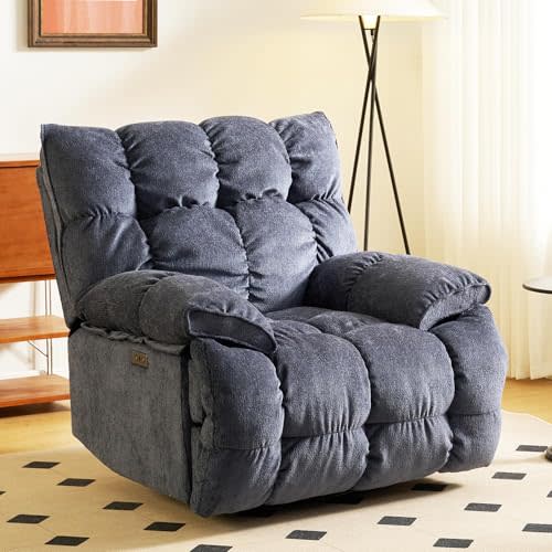SITJOY Oversized Power Swivel Rocker Recliner Chair, Overstuffed Extra Wide Rocking Chair for Big and Tall, Glider Recliner Nursery Chair, USB Charging, Soft Breathable Fabric in Dark Blue, Power