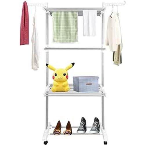 Bigzzia Clothes Drying Rack, Folding Stainless Steel Drying Rack Clothing Indoor Outdoor, Space-Saving, 4 Tier Laundry Drying Rack with Two Side Wings -Grey White : Home & Kitchen