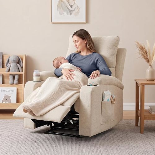FiveWillowise Manual Recliner Chair with Cup Holders, Nursery Chair, Beige
