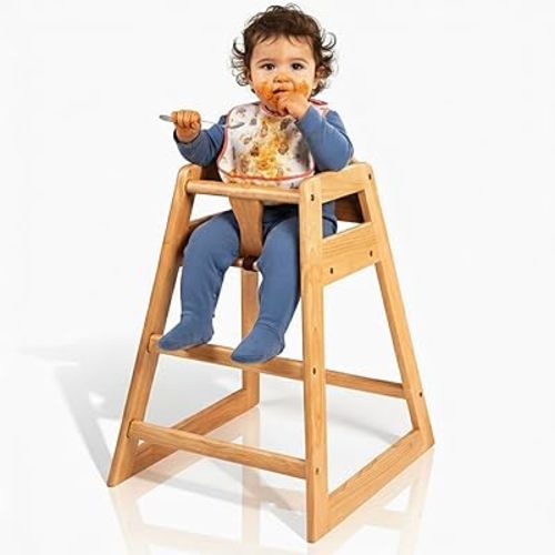 LA Baby Wooden High Chair - Restaurant Style Solid Wood Highchair for Babies and Toddlers - ASTM F404 Safety Certified - Stackable Design - Natural