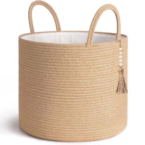 Woven Blanket Basket for Storage Decorative Rope Basket Living Room for Organizing Toys Towels Clothes, Boho Decor, Cotton, 16" D × 14"H