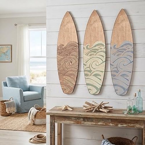 RattanView 3 Pcs Surfboard Wall Decor 23.6" x 6.7" Surfboard Wooden Wave Beach Summer Mixed Color Wall Art Set Wood Mini Hanging Sign for Tropical Bedroom Living Room Decoration