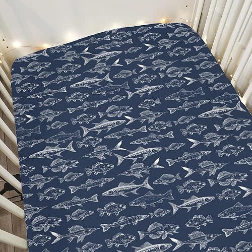 Navy Freshwater Fish Baby Crib Sheets for Boy Girl 52x28Inch Bass Carp Trout Salmon Lake Soft Snug Fitted Crib Mattress Cover Fishing Lover Gift Nursery Baby Sheet for Crib and Toddler Bed Mattresses
