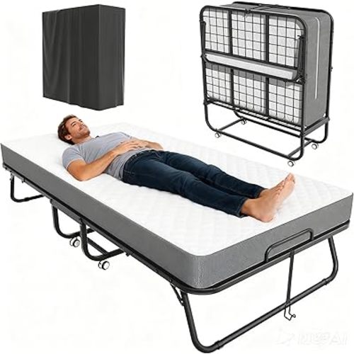 Pataku Folding Bed with Mattress, Twin Foldable Bed, Roll Away Beds for Adults, 75" x 38" Roll Away Portable Beds with 5" Mattress, Folded Frame for Small Apartment, Guest Room