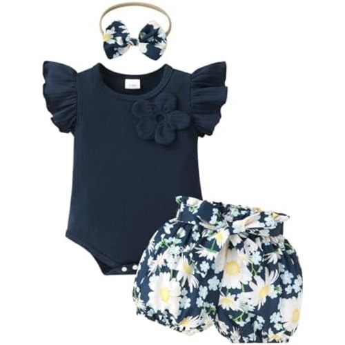 Tiny Cutey Baby Girl Clothes Infant Summer Outfits Set Ruffle Sleeve Romper and Floral Shorts with Headband