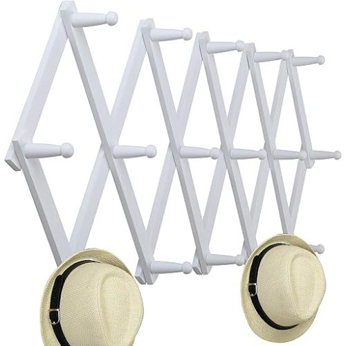 WEBI Accordion Wall Hanger,Expandable Wooden Coat Rack Wall Mounted,Accordion Hat Rack for Wall Rack for Hats,Caps,16 Peg Hooks,White