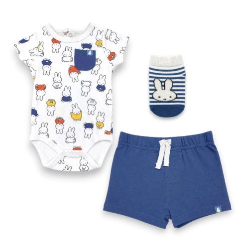 Miffy Baby Boys' 3-Piece Outfit Pocket Bodysuit, Shorts & Socks Set, Blue/White, 9 Months