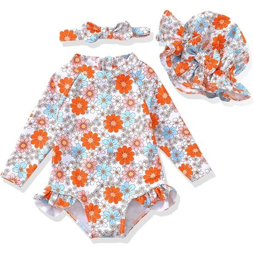 Baby Girl Swimsuit Long Sleeve One-Piece Swimwear with Hat Rash Guard Ruffle Floral Zipper Beach Infant Bathing Suit